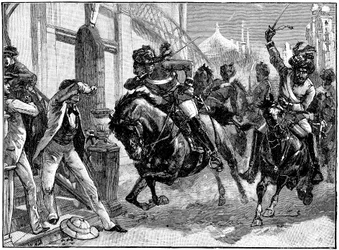 Sepoys rebeldes montados cargando por las calles de Delhi, Motín Indio, mayo de 1857 c1895