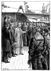 El Sr. Gladstone dirigiéndose a los oficiales y la tripulación del Grantully Castle, finales del siglo XIX