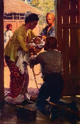 La Sra. Judson lleva a su hijo a su esposo encadenado, c1912