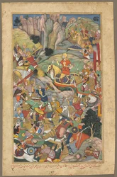 Gobernante mogol Humayun derrotando a los afganos antes de reconquistar la India, folio de un libro Akbar-nama