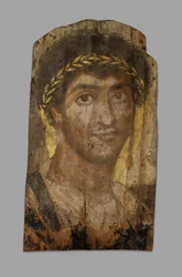 Retrato de momia de un hombre con una corona de laurel, Fayum, principios a mediados del siglo II