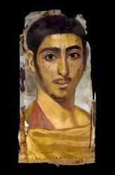 Retrato de momia en encausto sobre panel de madera: joven, quizás un soldado, 193-235
