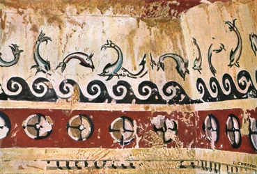 Pintura mural en la Tumba de Tifón (Tomba del Tifone) en Tarquinia, Italia, 1928