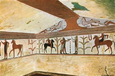 Pintura mural en la Tumba del Barón en Tarquinia, Italia, 1928