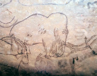 Pintura rupestre neolítica de un mamut y de íbices