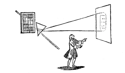 Experimento de Newton dividiendo la luz blanca en los colores del espectro por un prisma, 1757