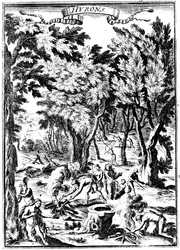 Indios hurones de América del Norte cazando y preparando comida en el bosque, 1686