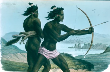 Indios de San Francisco de América del Norte cazando con arcos y flechas, c1840