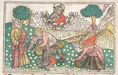Biblia de Núremberg: Maná cayendo del cielo, 1400s