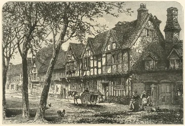 Casas antiguas bajo el castillo de Warwick, 1898