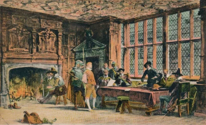 Oliver Cromwell juzgando a un prisionero durante la defensa de Banbury. La Sala del Globo de Ye Olde Reine Dee