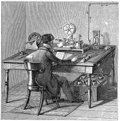 Operador enviando un mensaje en un telégrafo eléctrico de impresión Morse, 1887