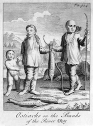 Ostiacks en las orillas del río Oby, c 1700