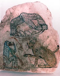 Fragmento de Ostracon, Guepardo, Pájaro y Mono, Egipto