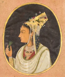 Retrato oval de una mujer con sombrero Chaghtai, c. 1740-50