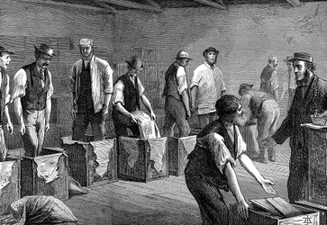 Empacando té en los almacenes de la East & West India Dock Company, Londres, 1874