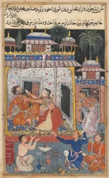 Página de Cuentos de un Loro Tuti-nama: Octava noche: La esposa engañosa ataca, c. 1560