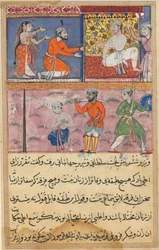 Página de Cuentos de un loro Tuti-nama: Octava noche: El príncipe enviado de vuelta al lugar..., c. 1560