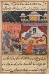 Página de Cuentos de un Loro Tuti-nama: Quinta noche: El mono asesinado, su sangre..., c. 1560