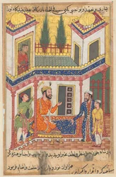 Página de Cuentos de un loro Tuti-nama: Quincuagésima noche: El comerciante regresa..., c. 1560