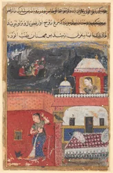 Página de Cuentos de un loro Tuti-nama: Primera noche: Khujasta mata al petirrojo..., c. 1560