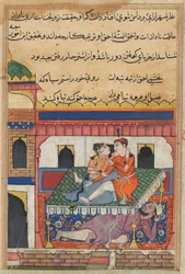 Página de Cuentos de un loro Tuti-nama: Cuadragésima noche: Shahr-Arai y su amante..., c. 1560