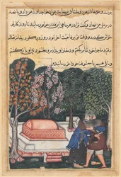 Página de Cuentos de un Loro Tuti-nama: Cuadragésima octava noche: El joven de Bagdad..., c. 1560
