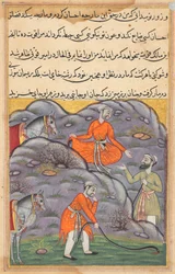Página de Cuentos de un loro Tuti-nama: Cuadragésima quinta noche: El Amir mata a la serpiente..., c. 1560