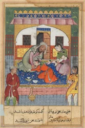 Página de Cuentos de un Loro Tuti-nama: Cuadragésima segunda noche: Arrepintiéndose de su conducta..., c. 1560