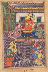 Página de Cuentos de un loro Tuti-nama: Cuadragésima sexta noche: La corte del Raja de Ujjain, c. 1560