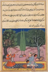 Página de Cuentos de un loro Tuti-nama: Decimocuarta noche: La invención de la música..., c. 1560