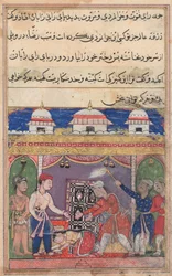 Página de Cuentos de un loro Tuti-nama: Séptima noche: El rey de Bahilistan ofrece..., c. 1560