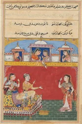 Página de Cuentos de un loro Tuti-nama: Decimosexta noche: La nuera regresa..., c. 1560