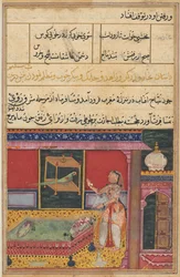 Página de Cuentos de un loro Tuti-nama: Sexta noche: El loro se dirige a Khujasta..., c. 1560