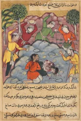 Página de Cuentos de un loro Tuti-nama: La hija del Rajá y su amante apedreados..., c. 1560