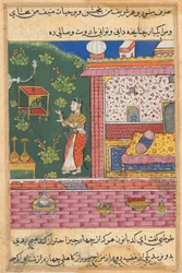 Página de Cuentos de un loro Tuti-nama: Trigésima noche: El loro se dirige a Khujasta..., c. 1560
