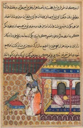 Página de Cuentos de un loro Tuti-nama: Trigésima octava noche: El loro se dirige a Khujasta, c1560
