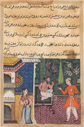 Página de Cuentos de un loro Tuti-nama: Trigésima quinta noche: El brahmán da..., c. 1560