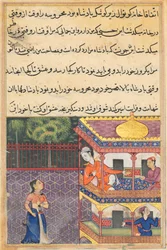 Página de Cuentos de un Loro Tuti-nama: Trigésima sexta noche: El rey de Babilonia..., c. 1560