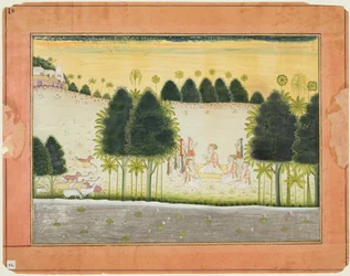 Página de un Bhagavata Purana: Nanda y los ancianos en consejo con los gopas, c. 1690-1700