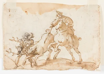 Página de un libro de dibujos; Un jinete matando a un ciervo y dos galeras en alta mar