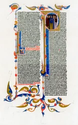 Página de texto con letra inicial iluminada, siglo XIV