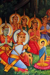 Pintura que representa el cumpleaños de Buda (Wesak) en Wat Than Phnom Penh Camboya