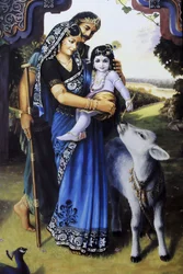 Pintura que representa al dios hindú Krishna como un bebé con sus padres adoptivos Yashoda y Nanda