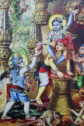 Pintura que representa al dios hindú Krishna de niño jugando con sus hermanos. India
