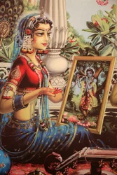 Pintura que representa a Radha mirando una imagen de Krishna. India