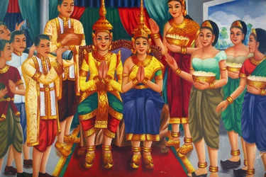 Pintura que representa al rey y la reina y sirvientes Udong Camboya