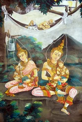 Pintura que representa la historia de la vida de Buda Shakyamuni. Wat Naxai. Vientián. Laos