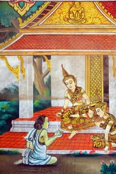 Pintura que representa la historia de la vida de Buda Shakyamuni. Wat Naxai. Vientiane. Laos, 20151106, Vientiane, Laos
