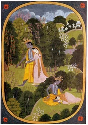 Pintura de Radha y Khrishna en un bosque